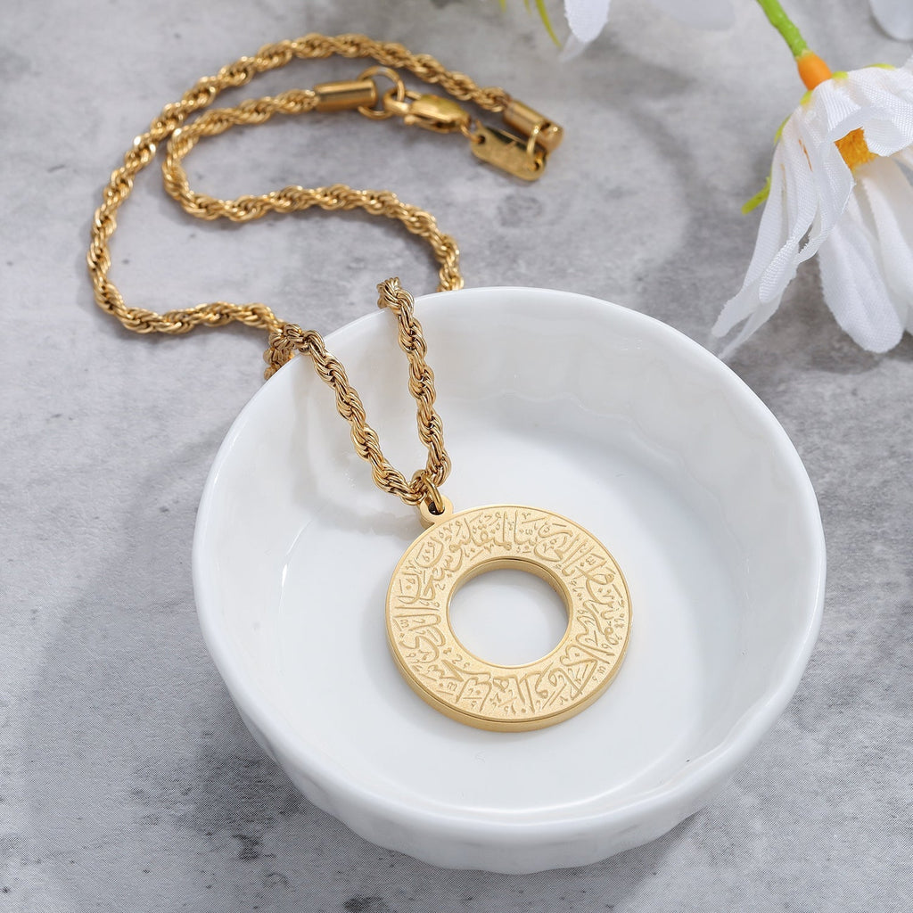 Round Arabic Engraved Pendant Necklace Gold Silver Black Finish