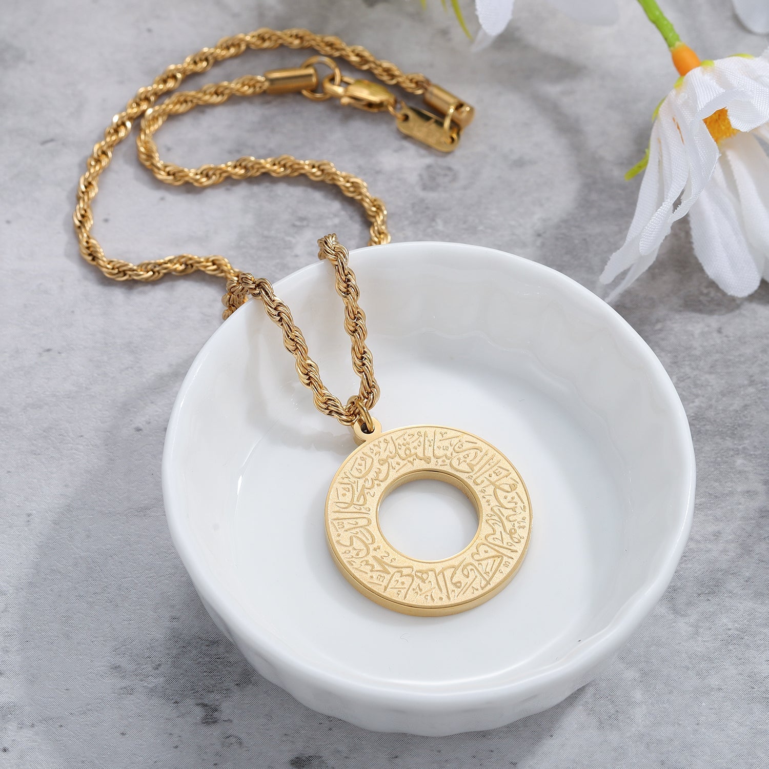Round Arabic Engraved Pendant Necklace Gold Silver Black Finish