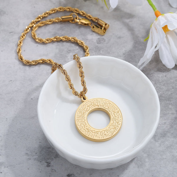 Round Arabic Engraved Pendant Necklace Gold Silver Black Finish