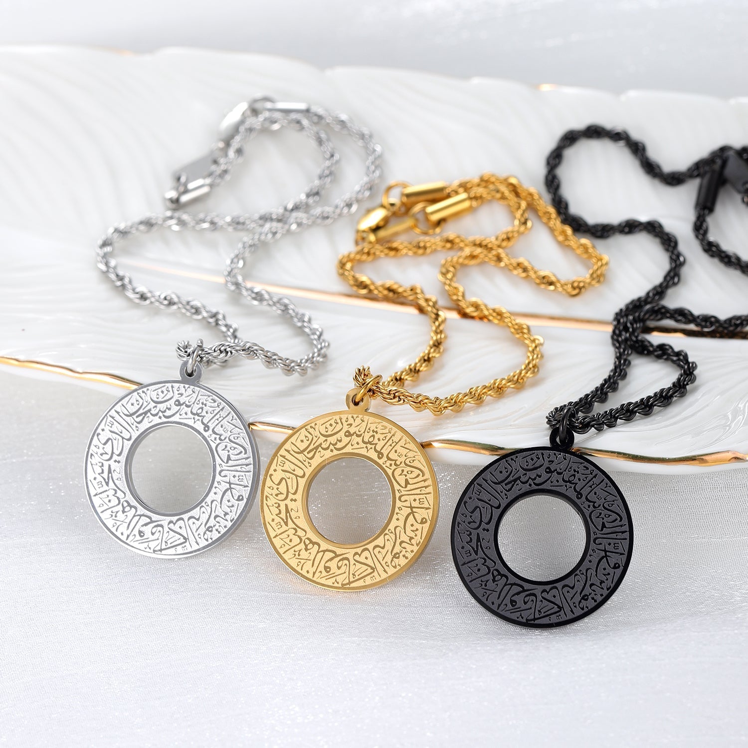 Round Arabic Engraved Pendant Necklace Gold Silver Black Finish
