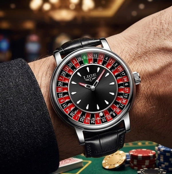 LIGE Roulette Dial Watch with Leather Strap for Bold Daily Style