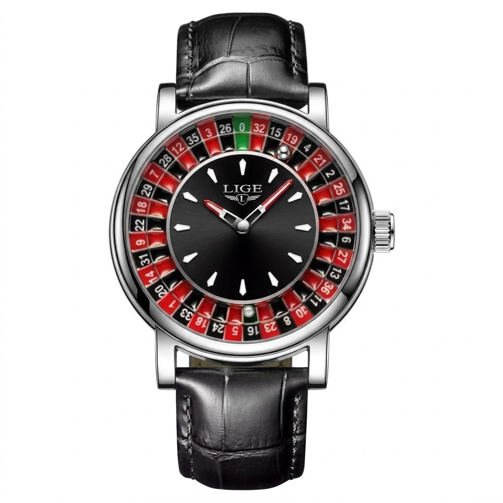 LIGE Roulette Dial Watch with Leather Strap for Bold Daily Style