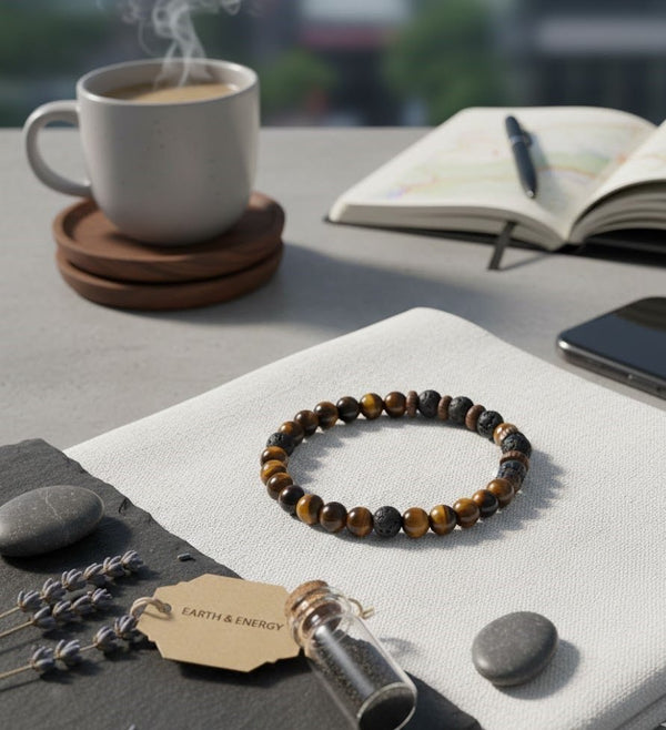 Natural Stone Beaded Bracelet Brown Black Elastic Unisex Design